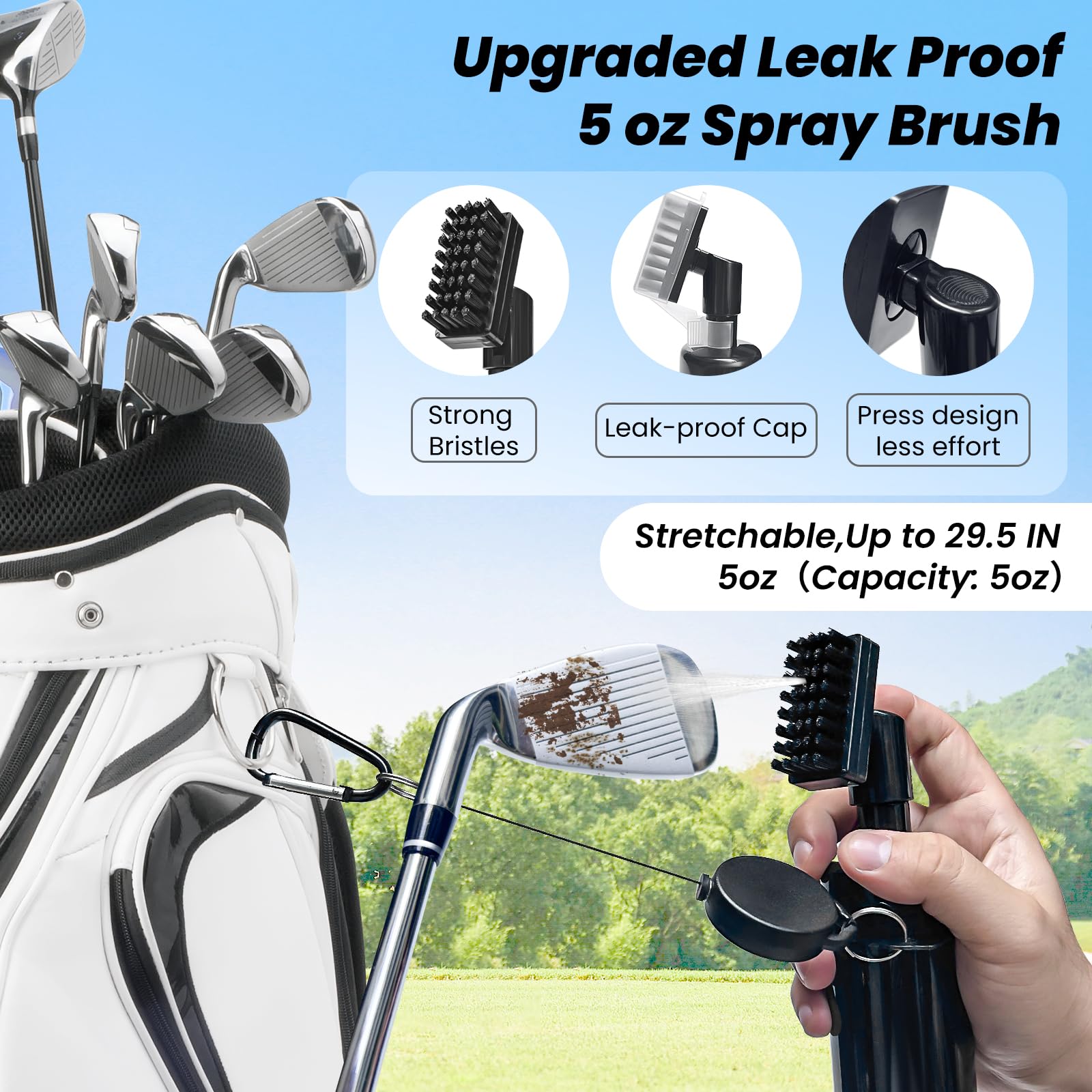 Golf Club Cleaner, Non-Leaking Stretchable Golf Club Brush with Microfiber Golf Towel (23.6 * 15.7 in), Strong Bristles Golf Brush Can Hold 5oz Water, Essentials Golf Accessories for Men